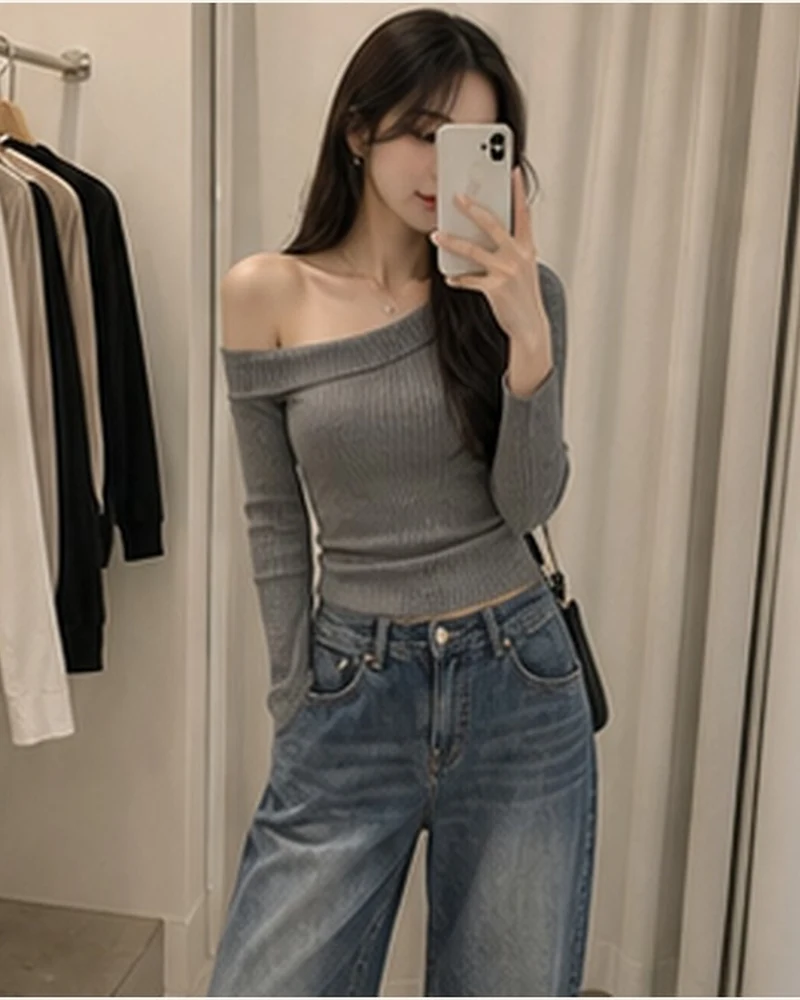 원숄더 골지 니트 탑