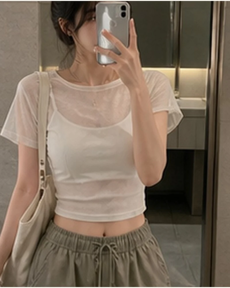 레이어드 메쉬 반팔 탑