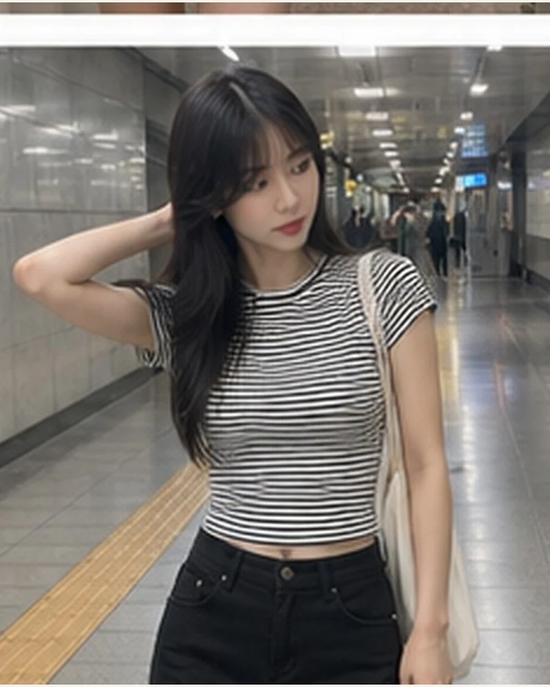 단가라 캡소매 슬림 티