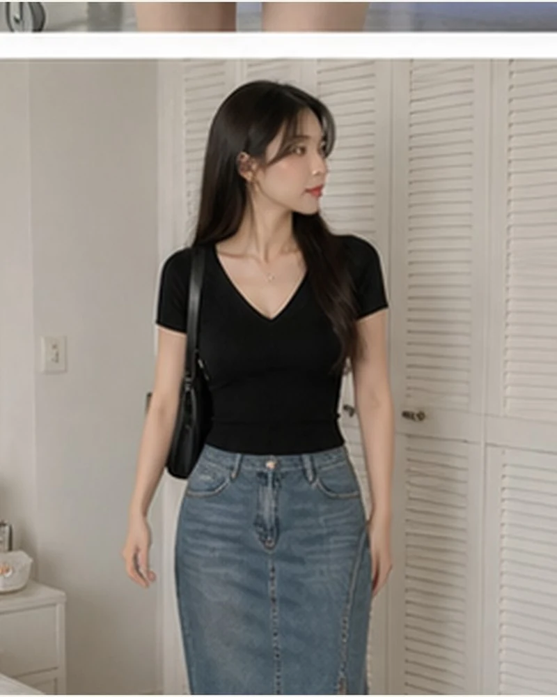브이넥 슬림 반팔 티