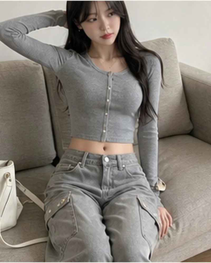 그레이 크롭 가디건 세트