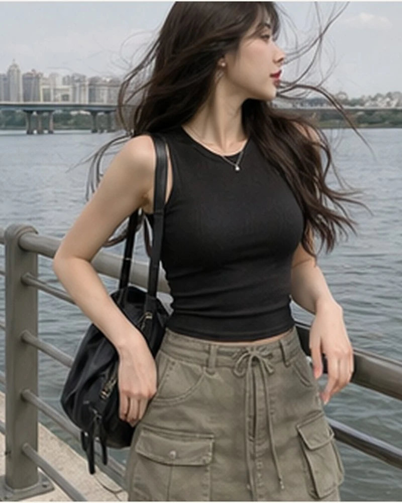 블랙 슬리브리스 카고 미니 코디