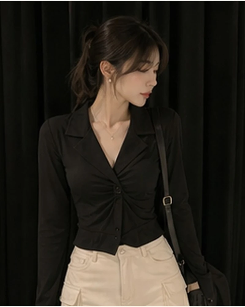 블랙 드레이프 블라우스