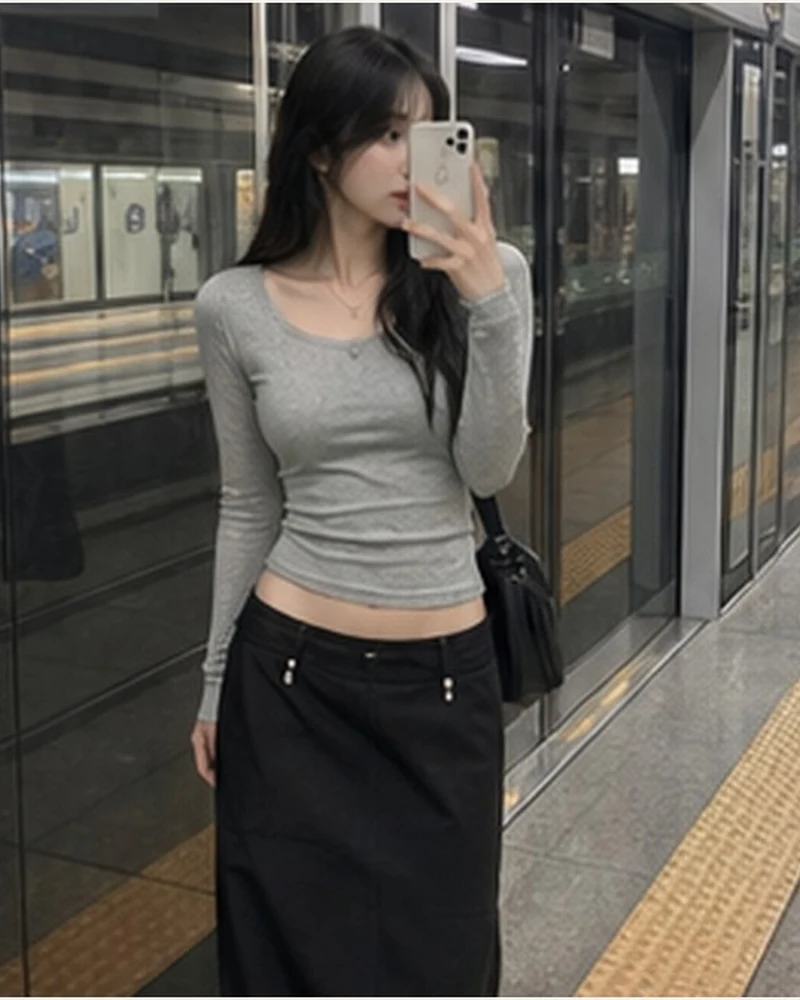 그레이 슬림 긴팔 티